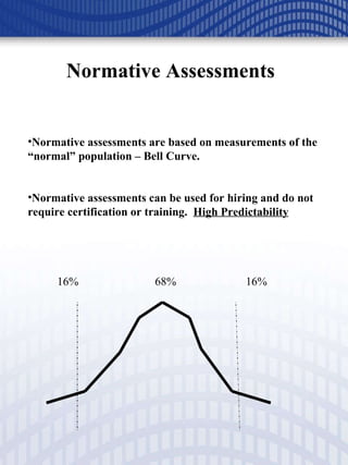 Normative Assessments Normative assessments are based on measurements of the “normal” population – Bell Curve. Normative assessments can be used for hiring and do not require certification or training.  High Predictability 16%  68%   16% 