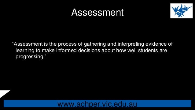 www.achper.vic.edu.au
Assessment
“Assessment is the process of gathering and interpreting evidence of
learning to make inf...