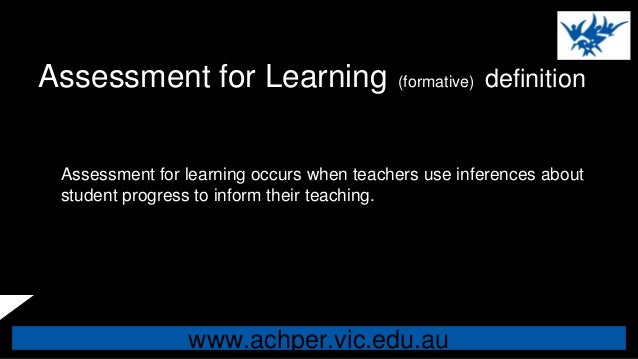www.achper.vic.edu.au
Assessment for Learning (formative) definition
Assessment for learning occurs when teachers use infe...
