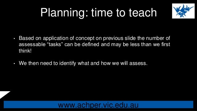 www.achper.vic.edu.au
Planning: time to teach
• Based on application of concept on previous slide the number of
assessable...
