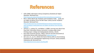 • ACRL (2000). Information Literacy Competency Standards for Higher
Education. Retrieved from
http://www.ala.org/acrl/standards/informationliteracycompetency
• Bell, S. (2014, March 19). Employers want workplace-ready grads, but
can higher ed deliver?/from the Bell Tower. Library Journal: Academic
Newswire. Retrieved from
http://lj.libraryjournal.com/2014/03/opinion/steven-bell/employers-
want-workplace-ready-grads-but-can-higher-ed-deliver-from-the-bell-
tower/#_
• Johnson, C., Lindsay, E.B., and Walter, S. (2008). Learning more about how
they think: Information literacy instruction in campus-wide critical
thinking project. College and Undergraduate Libraries, 15(1/2).
• Kent State University Libraries. TRAILS: Tools for real-time assessment of
information literacy skills. Retrieved from www.trails-9.org
• Van Loon, J.E., Lai, H.L. (2014) Information literacy skills as critical thinking
framework in the undergraduate engineering curriculum. Library Scholarly
Publications 80. Retrieved from
http://digitalcommons.wayne.edu/libsp/80
 