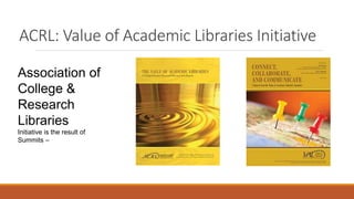 ACRL: Value of Academic Libraries Initiative
Association of
College &
Research
Libraries
Initiative is the result of
Summits –
 
