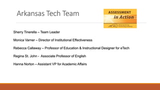 Arkansas Tech Team
Sherry Tinerella – Team Leader
Monica Varner – Director of Institutional Effectiveness
Rebecca Callaway – Professor of Education & Instructional Designer for eTech
Regina St. John - Associate Professor of English
Hanna Norton – Assistant VP for Academic Affairs
 