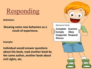 Definition:
Showing some new behaviors as a
result of experience.
Example:
Individual would answer questions
about the book, read another book by
the same author, another book about
civil rights, etc.
Complete
Comply
Cooperate
Discuss
Examine
Obey
Respond
Behavioral Verbs
 