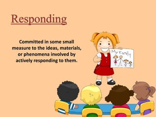 Committed in some small
measure to the ideas, materials,
or phenomena involved by
actively responding to them.
 