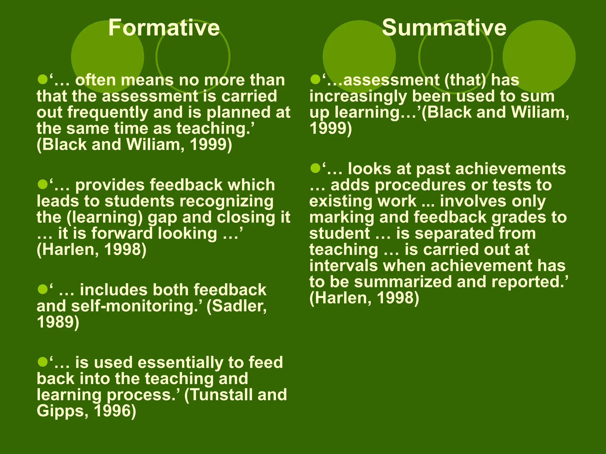 Formative
‘… often means no more than
that the assessment is carried
out frequently and is planned at
the same time as teaching.’
(Black and Wiliam, 1999)
‘… provides feedback which
leads to students recognizing
the (learning) gap and closing it
… it is forward looking …’
(Harlen, 1998)
‘ … includes both feedback
and self-monitoring.’ (Sadler,
1989)
‘… is used essentially to feed
back into the teaching and
learning process.’ (Tunstall and
Gipps, 1996)
Summative
‘…assessment (that) has
increasingly been used to sum
up learning…’(Black and Wiliam,
1999)
‘… looks at past achievements
… adds procedures or tests to
existing work ... involves only
marking and feedback grades to
student … is separated from
teaching … is carried out at
intervals when achievement has
to be summarized and reported.’
(Harlen, 1998)
 
