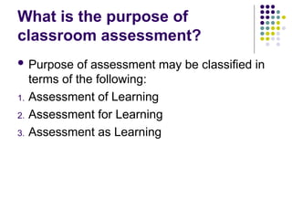 What is the purpose of
classroom assessment?
 Purpose of assessment may be classified in
terms of the following:
1. Assessment of Learning
2. Assessment for Learning
3. Assessment as Learning
 