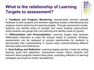 What is the relationship of Learning
Targets to assessment?
4. Feedback and Progress Monitoring: Assessments provide valuable
feedback to both students and teachers regarding student understanding and
progress toward achieving the learning targets. Through assessment results,
teachers can identify areas of strength and areas needing improvement,
while students can gauge their own learning and identify areas for growth.
5. Differentiation and Personalization: Learning targets help teachers
differentiate instruction to meet the diverse needs of students. Similarly,
assessments can be designed to provide opportunities for students to
demonstrate their understanding in various ways, accommodating different
learning styles and preferences.
6. Goal Setting and Reflection: Learning targets provide a basis for setting
learning goals and objectives. Assessment results inform students and
teachers about progress toward these goals, prompting reflection on learning
strategies and areas for further development.
 