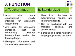 3. FUNCTION
a. Teacher-made
 Also called non-
standardized, usually
intended for classroom
assessment.
 Are used for classroom
purposes, such as
determining whether
learners have reached the
learning target.
 Examples: Formative and
summative assessments
b. Standardized
 Have fixed directions for
administering, scoring, and
interpreting results.
 Can be purchased with test
manuals, booklets, and
answer sheets.
 Sampled on a large number of
target groups called the norm.
 
