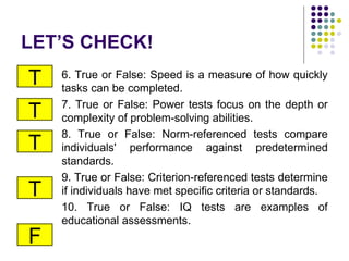 LET’S CHECK!
6. True or False: Speed is a measure of how quickly
tasks can be completed.
7. True or False: Power tests focus on the depth or
complexity of problem-solving abilities.
8. True or False: Norm-referenced tests compare
individuals' performance against predetermined
standards.
9. True or False: Criterion-referenced tests determine
if individuals have met specific criteria or standards.
10. True or False: IQ tests are examples of
educational assessments.
T
T
T
T
F
 