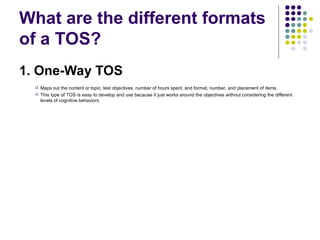 What are the different formats
of a TOS?
1. One-Way TOS
 Maps out the content or topic, test objectives, number of hours spent, and format, number, and placement of items.
 This type of TOS is easy to develop and use because it just works around the objectives without considering the different
levels of cognitive behaviors.
 