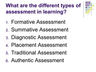 What are the different types of
assessment in learning?
1. Formative Assessment
2. Summative Assessment
3. Diagnostic Assessment
4. Placement Assessment
5. Traditional Assessment
6. Authentic Assessment
 
