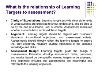 What is the relationship of Learning
Targets to assessment?
1. Clarity of Expectations: Learning targets provide clear statements
of what students are expected to know, understand, and be able to
do by the end of a lesson, unit, or course. Assessment measures
whether students have achieved these targets.
2. Alignment: Learning targets should be aligned with curriculum
standards, instructional objectives, and assessment criteria.
Assessments should directly reflect the learning targets to ensure
that they effectively measure student attainment of the intended
knowledge and skills.
3. Assessment Design: Learning targets guide the design of
assessments. Educators develop assessment tasks, questions,
and rubrics based on the specific learning targets to be assessed.
This alignment ensures that assessments are meaningful and
relevant to the learning objectives.
 