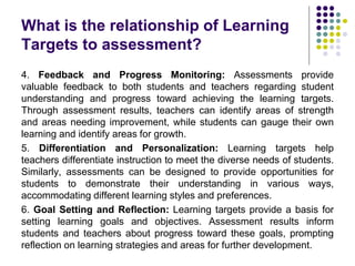 What is the relationship of Learning
Targets to assessment?
4. Feedback and Progress Monitoring: Assessments provide
valuable feedback to both students and teachers regarding student
understanding and progress toward achieving the learning targets.
Through assessment results, teachers can identify areas of strength
and areas needing improvement, while students can gauge their own
learning and identify areas for growth.
5. Differentiation and Personalization: Learning targets help
teachers differentiate instruction to meet the diverse needs of students.
Similarly, assessments can be designed to provide opportunities for
students to demonstrate their understanding in various ways,
accommodating different learning styles and preferences.
6. Goal Setting and Reflection: Learning targets provide a basis for
setting learning goals and objectives. Assessment results inform
students and teachers about progress toward these goals, prompting
reflection on learning strategies and areas for further development.
 
