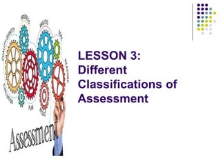 LESSON 3:
Different
Classifications of
Assessment
 