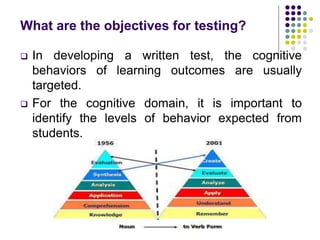 What are the objectives for testing?
 In developing a written test, the cognitive
behaviors of learning outcomes are usually
targeted.
 For the cognitive domain, it is important to
identify the levels of behavior expected from
students.
 