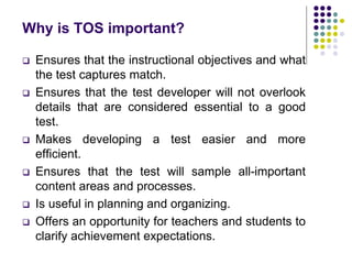 Why is TOS important?
 Ensures that the instructional objectives and what
the test captures match.
 Ensures that the test developer will not overlook
details that are considered essential to a good
test.
 Makes developing a test easier and more
efficient.
 Ensures that the test will sample all-important
content areas and processes.
 Is useful in planning and organizing.
 Offers an opportunity for teachers and students to
clarify achievement expectations.
 