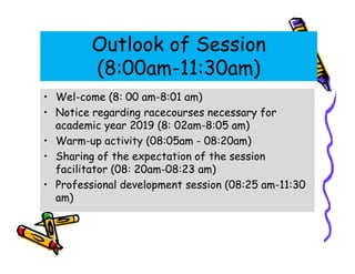 Outlook of Session
(8:00am-11:30am)
• Wel-come (8: 00 am-8:01 am)
• Notice regarding racecourses necessary for
academic year 2019 (8: 02am-8:05 am)
• Warm-up activity (08:05am - 08:20am)• Warm-up activity (08:05am - 08:20am)
• Sharing of the expectation of the session
facilitator (08: 20am-08:23 am)
• Professional development session (08:25 am-11:30
am)
 