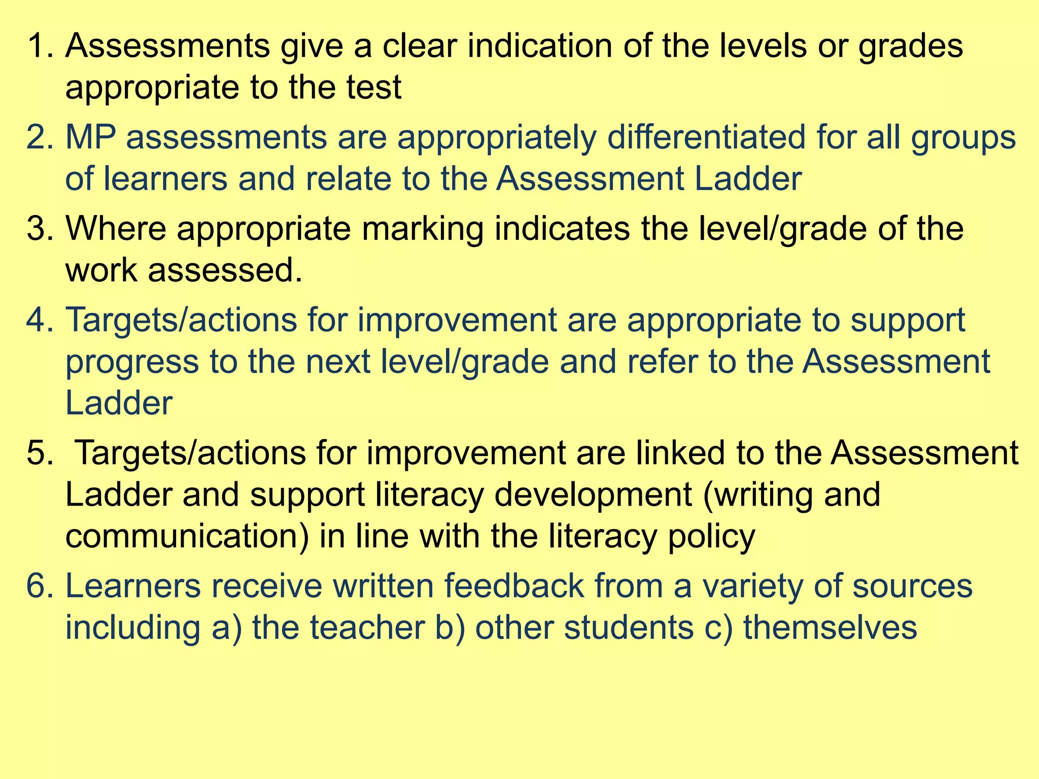1. Assessments give a clear indication of the levels or grades
appropriate to the test
2. MP assessments are appropriately differentiated for all groups
of learners and relate to the Assessment Ladder
3. Where appropriate marking indicates the level/grade of the
work assessed.
4. Targets/actions for improvement are appropriate to support
progress to the next level/grade and refer to the Assessment
Ladder
5. Targets/actions for improvement are linked to the Assessment
Ladder and support literacy development (writing and
communication) in line with the literacy policy
6. Learners receive written feedback from a variety of sources
including a) the teacher b) other students c) themselves

 