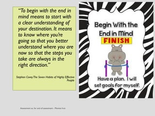 “To begin with the end in
mind means to start with
a clear understanding of
your destination. It means
to know where you’re
going so that you better
understand where you are
now so that the steps you
take are always in the
right direction.”
Stephen CoveyThe Seven Habits of Highly Effective
People
 