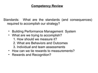 Competency Review



Standards: What are the standards (and consequences)
  required to accomplish our strategy?

  • Building Performance Management System
  • What are we trying to accomplish?
     1. How should we measure it?
     2. What are Behaviors and Outcomes
     3. Individual and team assessments
  • How can we tie rewards to measurements?
  • Rewards and Recognition?
 