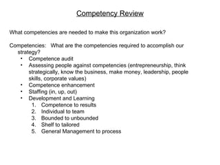 Competency Review

What competencies are needed to make this organization work?

Competencies: What are the competencies required to accomplish our
  strategy?
   • Competence audit
   • Assessing people against competencies (entrepreneurship, think
       strategically, know the business, make money, leadership, people
       skills, corporate values)
   • Competence enhancement
   • Staffing (in, up, out)
   • Development and Learning
        1. Competence to results
        2. Individual to team
        3. Bounded to unbounded
        4. Shelf to tailored
        5. General Management to process
 