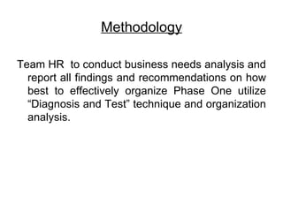 Methodology

Team HR to conduct business needs analysis and
  report all findings and recommendations on how
  best to effectively organize Phase One utilize
  “Diagnosis and Test” technique and organization
  analysis.
 