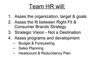 Team HR will:
1. Asses the organization, target & goals
2. Asses the fit between Right Fit &
   Consumer Brands Strategy
3. Strategic Vision - Not a Destination
4. Asses programs and development
  – Budget & Forecasting
  – Sales Planning
  – Headcount & Redundancy Plan
 