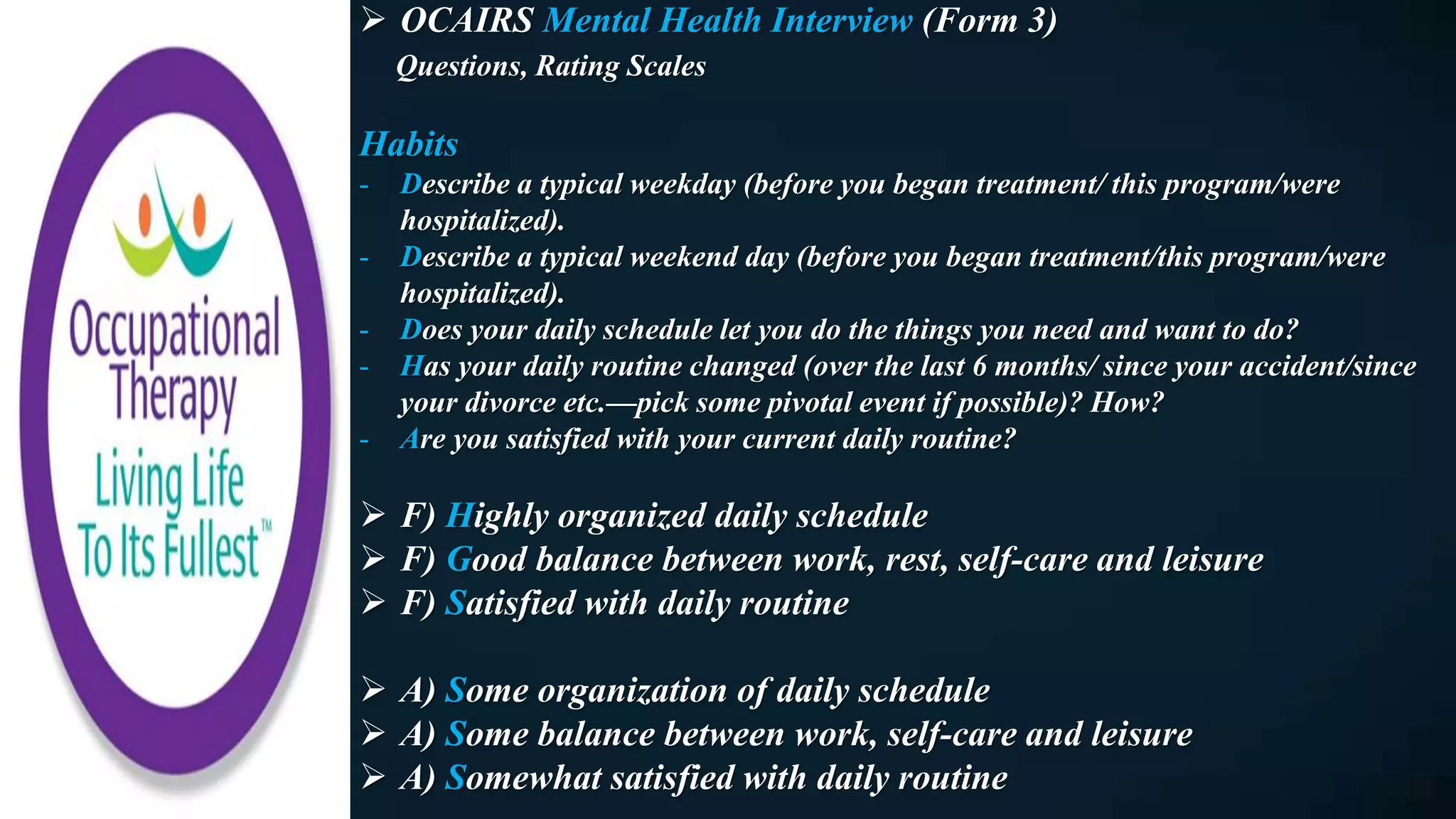 Occupational Therapy Assessment Interview and Rating Scale Mental ...