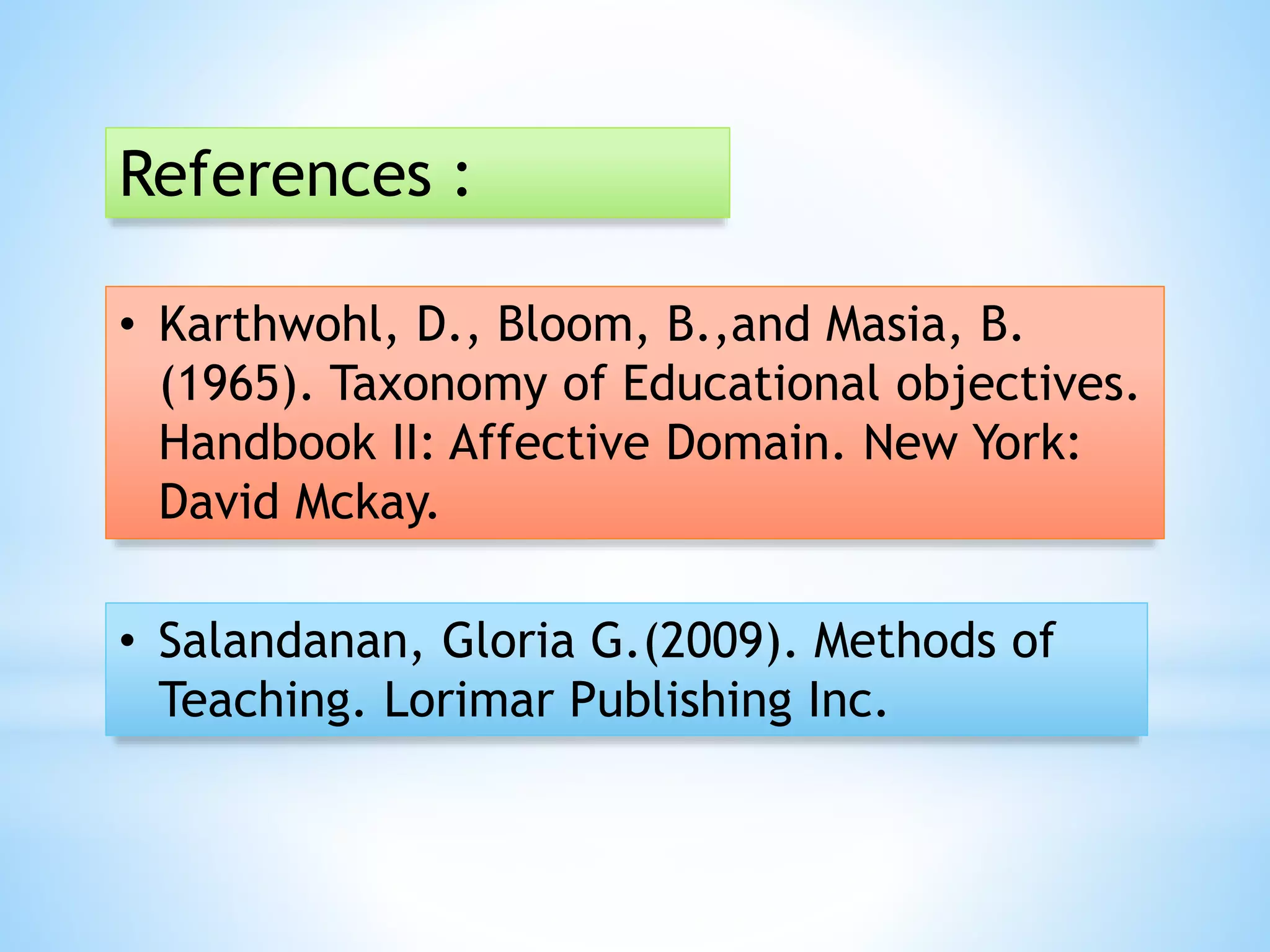 References :
• Karthwohl, D., Bloom, B.,and Masia, B.
(1965). Taxonomy of Educational objectives.
Handbook II: Affective Domain. New York:
David Mckay.
• Salandanan, Gloria G.(2009). Methods of
Teaching. Lorimar Publishing Inc.

 