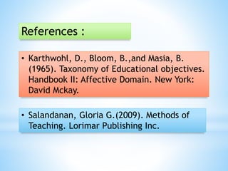 References :
• Karthwohl, D., Bloom, B.,and Masia, B.
(1965). Taxonomy of Educational objectives.
Handbook II: Affective Domain. New York:
David Mckay.
• Salandanan, Gloria G.(2009). Methods of
Teaching. Lorimar Publishing Inc.

 