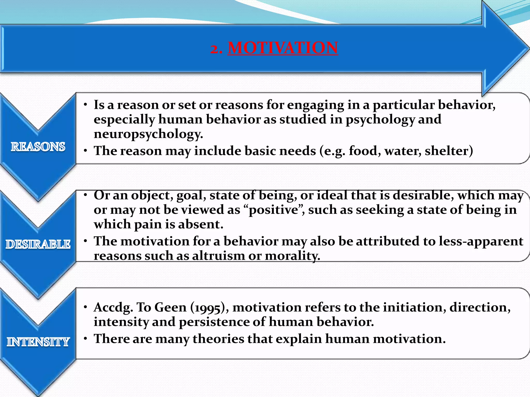 2. MOTIVATION 
• Is a reason or set or reasons for engaging in a particular behavior, 
especially human behavior as studied in psychology and 
neuropsychology. 
• The reason may include basic needs (e.g. food, water, shelter) 
• Or an object, goal, state of being, or ideal that is desirable, which may 
or may not be viewed as “positive”, such as seeking a state of being in 
which pain is absent. 
• The motivation for a behavior may also be attributed to less-apparent 
reasons such as altruism or morality. 
• Accdg. To Geen (1995), motivation refers to the initiation, direction, 
intensity and persistence of human behavior. 
• There are many theories that explain human motivation. 
 