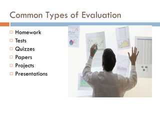 Common Types of Evaluation Homework Tests Quizzes Papers Projects Presentations 