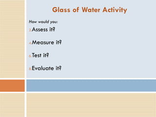 Glass of Water Activity How would you: Assess it? Measure it? Test it? Evaluate it? 