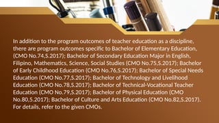 In addition to the program outcomes of teacher education as a discipline,
there are program outcomes specific to Bachelor of Elementary Education,
(CMO No.74,S.2017); Bachelor of Secondary Education Major in English,
Filipino, Mathematics, Science, Social Studies (CMO No.75,S.2017); Bachelor
of Early Childhood Education (CMO No.76,S.2017); Bachelor of Special Needs
Education (CMO No.77,S.2017); Bachelor of Technology and Livelihood
Education (CMO No.78,S.2017); Bachelor of Technical-Vocational Teacher
Education (CMO No.79,S.2017); Bachelor of Physical Education (CMO
No.80,5.2017); Bachelor of Culture and Arts Education (CMO No.82,S.2017).
For details, refer to the given CMOs.
 
