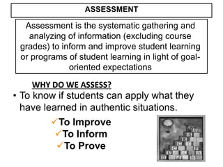 Assessment is the systematic gathering and
analyzing of information (excluding course
grades) to inform and improve student learning
or programs of student learning in light of goal-
oriented expectations
ASSESSMENT
• To know if students can apply what they
have learned in authentic situations.
WHY DO WE ASSESS?
To Improve
To Inform
To Prove
 