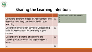 Sharing the Learning Intentions
Compare different modes of Assessment and
describe how they can be applied in your
teaching

Describe how you can develop Questioning
skills in Assessment for Learning in your
classes

Describe the benefits of clarifying the
Learning Outcomes at the beginning of a
lesson

... 
What is the Criteria for Success?
1.
2.
3.
 