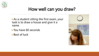 How well can you draw?
As a student sitting the first exam, your
task is to draw a house and give it a
name
You have 60 seconds
Best of luck
 