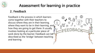 2. Feedback
Assessment for learning in practice
Feedback is the process in which learners
come together with their teachers to
discuss where they are in their learning,
where they want to be in their learning, and
how they are going to get there. It usually
involves looking at a particular piece of
work done by the learner. Feedback can be
described as the ‘bridge’ between teaching
and learning.
 