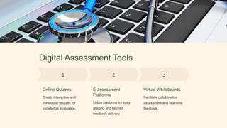 Digital Assessment Tools
Online Quizzes
Create interactive and
immediate quizzes for
knowledge evaluation.
E-assessment
Platforms
Utilize platforms for easy
grading and tailored
feedback delivery.
Virtual Whiteboards
Facilitate collaborative
assessment and real-time
feedback.
 