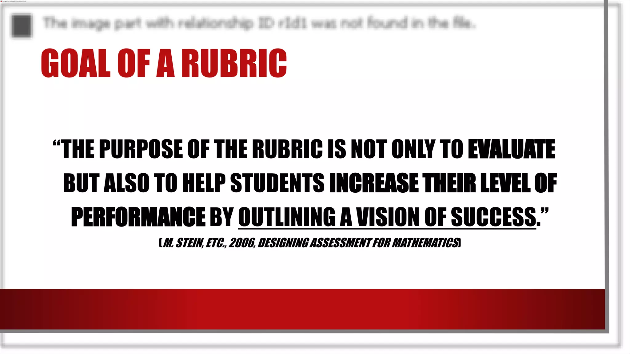GOAL OF A RUBRIC
“THE PURPOSE OF THE RUBRIC IS NOT ONLY TO EVALUATE
BUT ALSO TO HELP STUDENTS INCREASE THEIR LEVEL OF
PERFORMANCE BY OUTLINING A VISION OF SUCCESS.”
(M. STEIN, ETC., 2006, DESIGNING ASSESSMENTFOR MATHEMATICS)
 