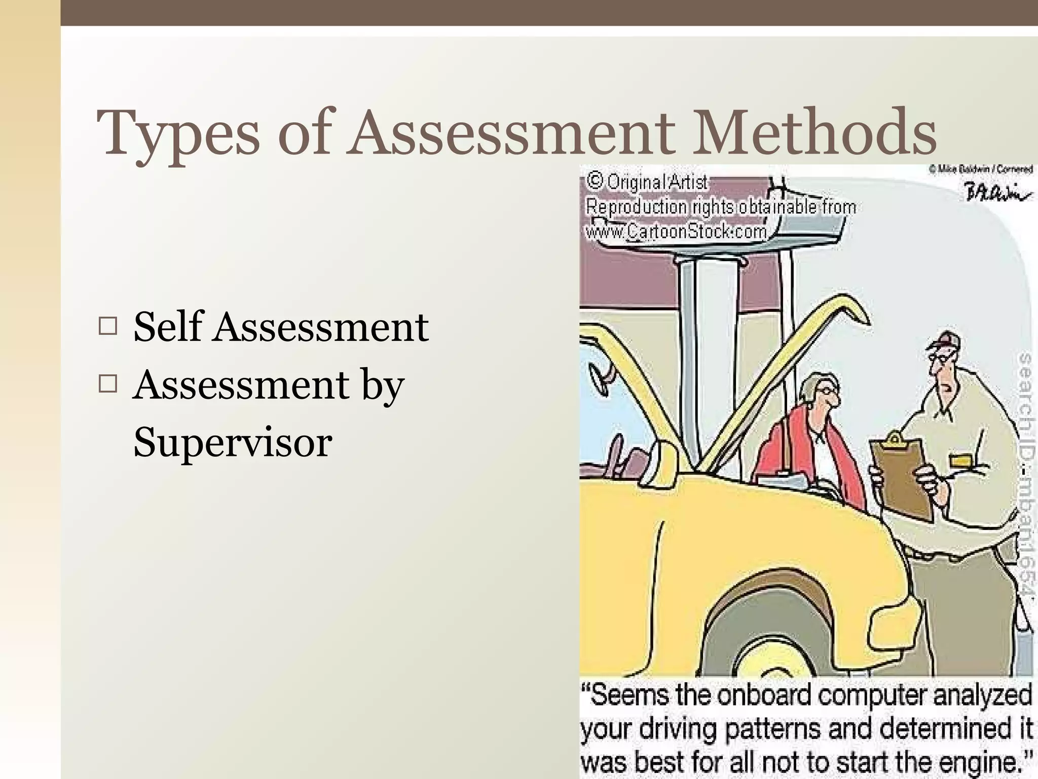 Self Assessment Assessment by  Supervisor Types of Assessment Methods 