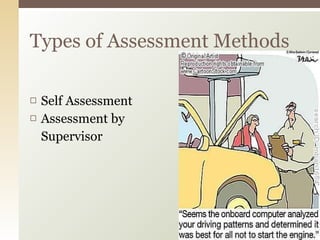 Self Assessment Assessment by  Supervisor Types of Assessment Methods 