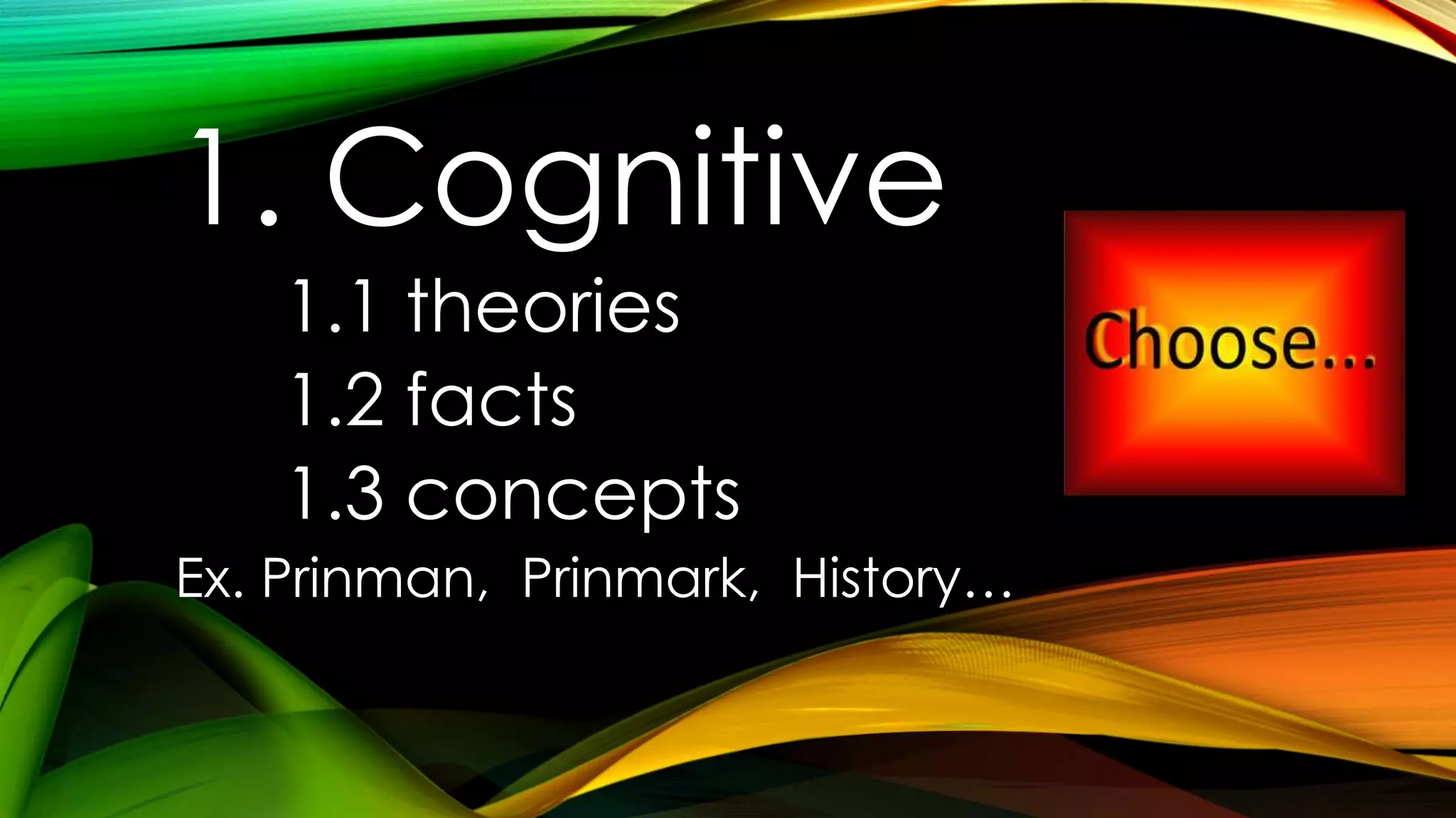 1. Cognitive
1.1 theories
1.2 facts
1.3 concepts
Ex. Prinman, Prinmark, History…
 