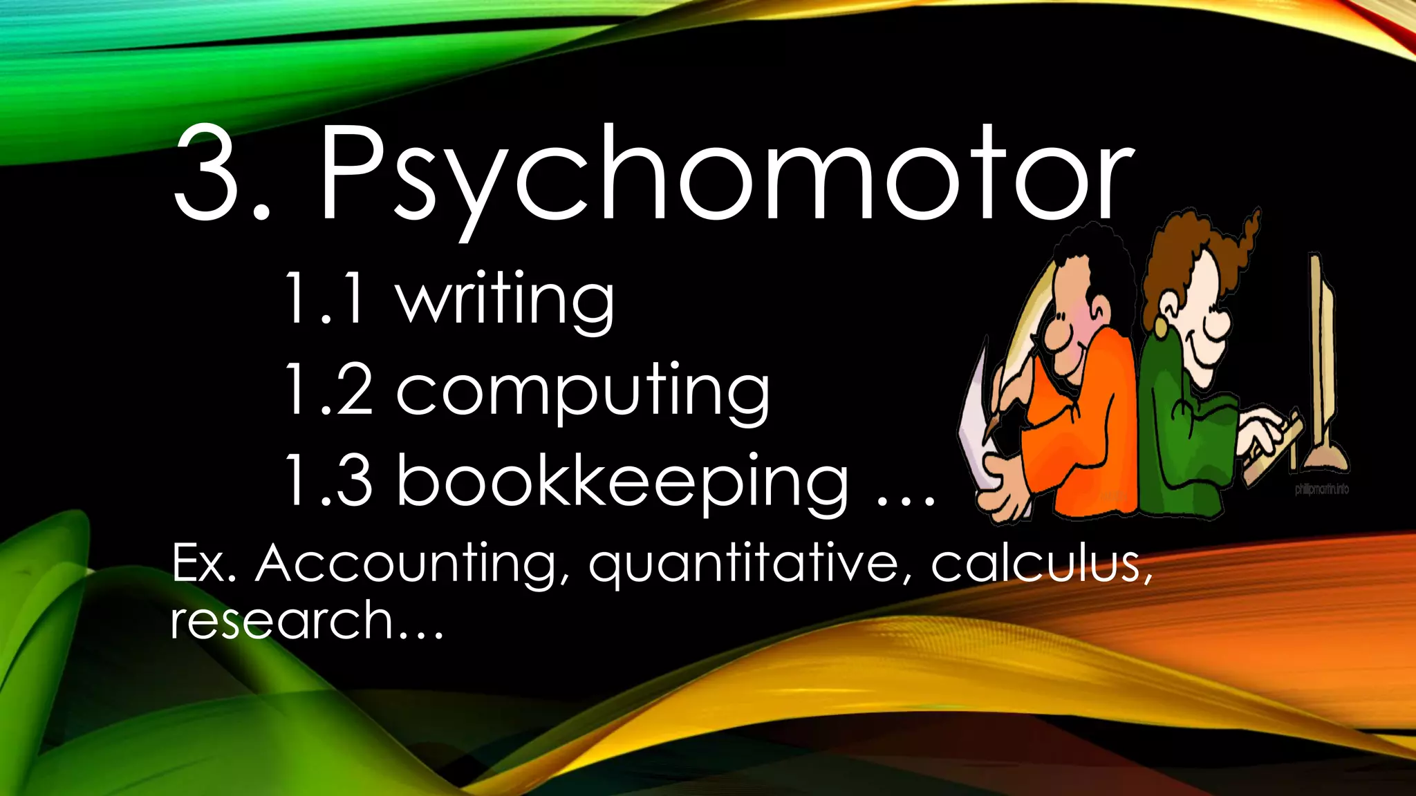 3. Psychomotor
1.1 writing
1.2 computing
1.3 bookkeeping …
Ex. Accounting, quantitative, calculus,
research…
 