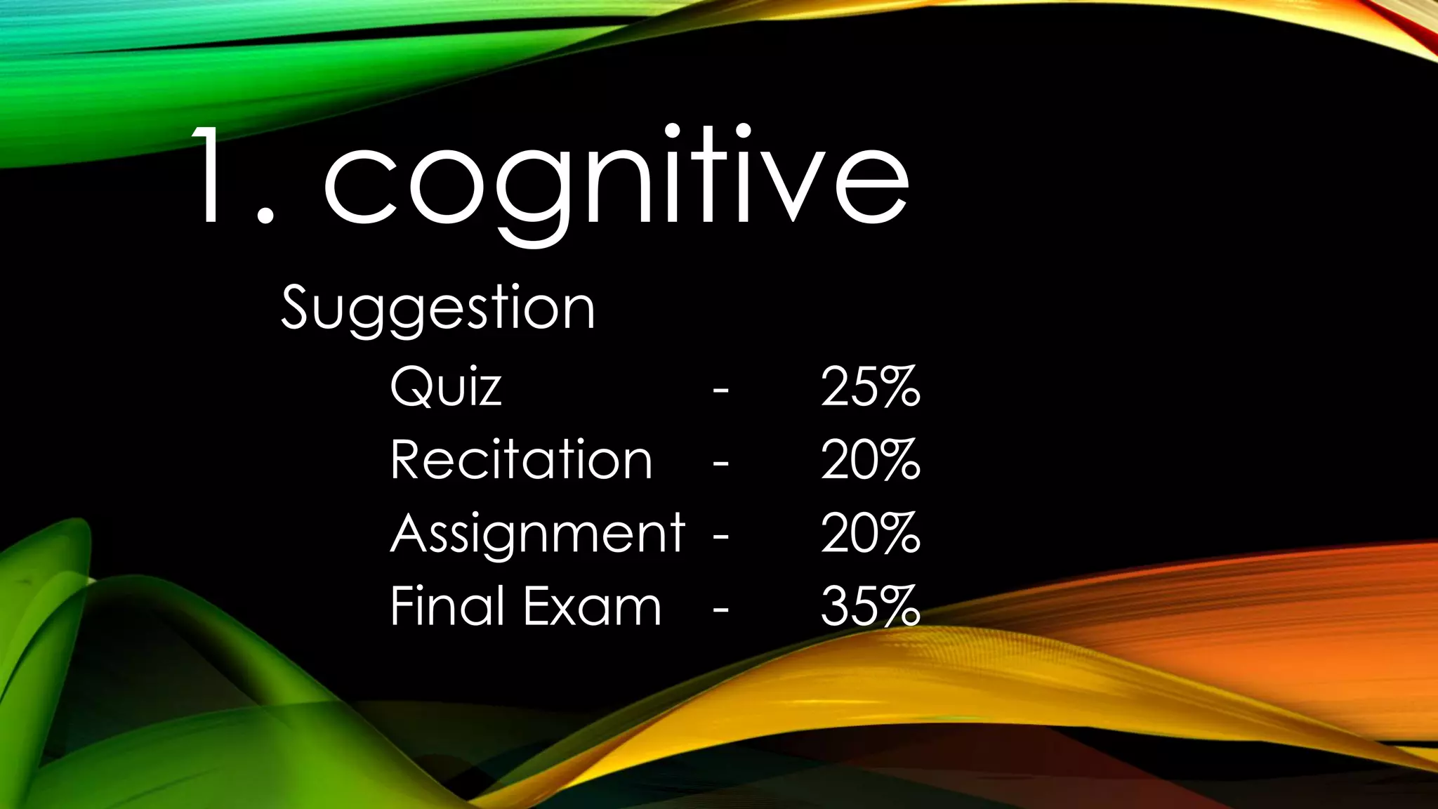1. cognitive
Suggestion
Quiz - 25%
Recitation - 20%
Assignment - 20%
Final Exam - 35%
 