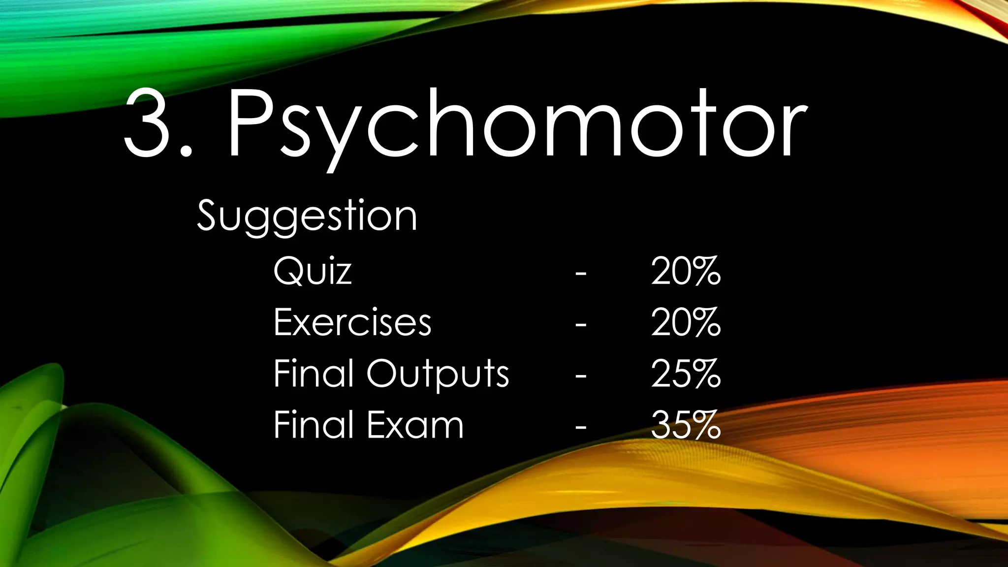 3. Psychomotor
Suggestion
Quiz - 20%
Exercises - 20%
Final Outputs - 25%
Final Exam - 35%
 