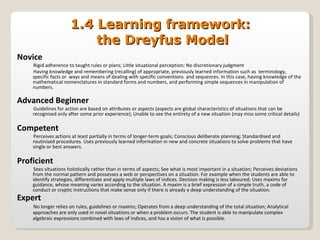 1.4 Learning framework:  the Dreyfus Model Novice Rigid adherence to taught rules or plans; Little situational perception; No discretionary judgment  Having knowledge and remembering (recalling) of appropriate, previously learned information such as  terminology, specific facts or  ways and means of dealing with specific conventions  and sequences. In this case, having knowledge of the mathematical nomenclatures in standard forms and numbers, and performing simple sequences in manipulation of numbers.  Advanced Beginner Guidelines for action are based on attributes or aspects (aspects are global characteristics of situations that can be recognised only after some prior experience); Unable to see the entirety of a new situation (may miss some critical details) Competent Perceives actions at least partially in terms of longer-term goals; Conscious deliberate planning; Standardised and routinised procedures. Uses  previously learned information in new and concrete situations to solve problems that have single or best answers.  Proficient Sees situations holistically rather than in terms of aspects; See what is most important in a situation; Perceives deviations from the normal pattern and possesses a web or perspectives on a situation. For example when the students are able to identify strategies, differentiate and apply multiple laws of indices. Decision making is less laboured; Uses maxims for guidance, whose meaning varies according to the situation. A maxim is a brief expression of a simple truth, a code of conduct or cryptic instructions that make sense only if there is already a deep understanding of the situation.  Expert No longer relies on rules, guidelines or maxims; Operates from a deep understanding of the total situation; Analytical approaches are only used in novel situations or when a problem occurs. The student is able to manipulate complex algebraic expressions combined with laws of indices, and has a vision of what is possible. 