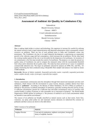 Civil and Environmental Research                                                                www.iiste.org
ISSN 2224-5790 (Print) ISSN 2225-0514 (Online)
Vol 2, No.1, 2012

           Assessment of Ambient Air Quality in Coimbatore City
                                                   Vedamadavan
                                           Bharath University, Selaiyur
                                                 Chennai – 600073
                                        E-mail:vedamadavan@yahoo.com
                                                 Sarithabanuraman
                                           Bharath University, Selaiyur
                                                 Chennai – 600073


Abstract
Man is making rapid strides in science and technology. His eagerness to increase his comfort by utilizing
the natural resources lead to rapid industrialization and abnormal urbanization which consequently witness
excessive air pollution. There are lots of such polluted areas in India and Coimbatore comes into
prominence. The Coimbatore city due to its rapid industrial development is experiencing an exponential
growth in the vehicular usage and fuel consumption, which increases the air pollution. On the other hand
the existing weather pattern of the city is not favorable for the dispersion of air pollutants. An inventory of
air contaminants is the first step towards the control of air pollution. The purpose is to study the present air
quality status of Coimbatore city and to compare the measured values with the recommended threshold
limit values and to determine the air quality index. The study has been carried out in 3 zones viz residential
commercial& industrial zone. The major air pollutants selected for analysis are SPM, SO2, and NOX. Air
quality monitoring has been conducted using a Respirable Dust sampler and analysis was made by means
of BIS methods.
Keywords: Bureau of Indian standards, Suspended particulate matter, respirable suspended particulate
matter, sulphur dioxide, oxides of nitrogen, respirable dust sampler.


1. Introduction
Various contaminants continuously enter the atmosphere through both natural and manmade activities such
substances, which interact with the environment to cause toxicity, diseases, aesthetic distress have been
labeled as “pollutants”. According to the Bureau of Indian Standards [ IS 4167 (1966)] air pollution is
defined as “the presence in ambient atmosphere of substances, generally resulting from the activity of man,
in sufficient concentration, present for a sufficient time and under circumstances such as to interfere with
comfort health or welfare of persons or with reasonable use or enjoyment of property". The World Health
Organization (WHO) defines air pollution is “the presence of material in air in such concentration which
are harmful to man and his environment”.
The sources of air pollution are broadly classified as natural sources such as dust storm, forest fires,
volcanoes, sea spray, plant pollen etc and manmade sources (domestic & industrial).The common air
pollutants and their sources are shown in the table below:


Table1.1sources of air pollutants
 Pollutant                       Sources
 Sulphur Dioxide                 Coal and oil combustion, sulphuric acid plants, biological
                                 decay of sulphide, bacteria




                                                       1
 