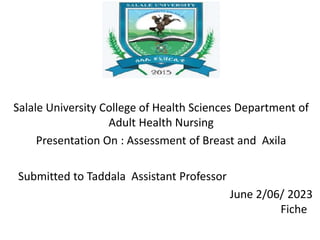 Salale University College of Health Sciences Department of
Adult Health Nursing
Presentation On : Assessment of Breast and Axila
Submitted to Taddala Assistant Professor
June 2/06/ 2023
Fiche
 
